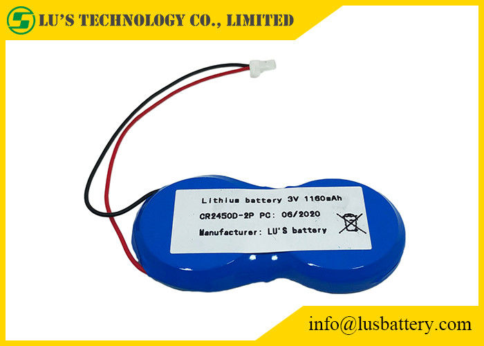 Cellule de pièce de monnaie de lithium de bouton de CR2450-2P 1200mah 3.0v avec le connecteur des fils JST